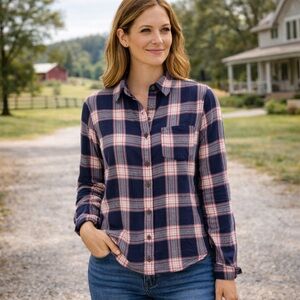 Lucky Brand Navy and Pink Plaid Button-Down Shirt